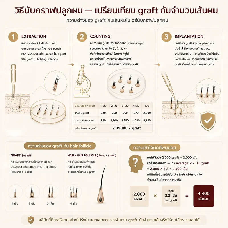 วิธีนับกราฟปลูกผม — เปรียบเทียบ graft กับจำนวนเส้นผม ความต่างของ graft กับเส้นผมใน วิธีนับกราฟปลูกผม