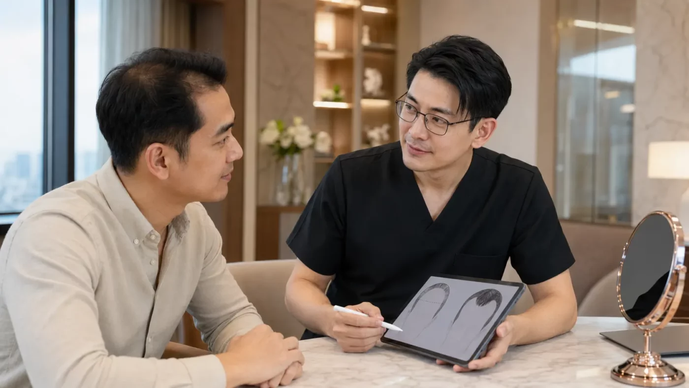 แพทย์กำลังประเมินหนังศีรษะของผู้ที่มีปัญหาผมบางในวัย 40 ปี